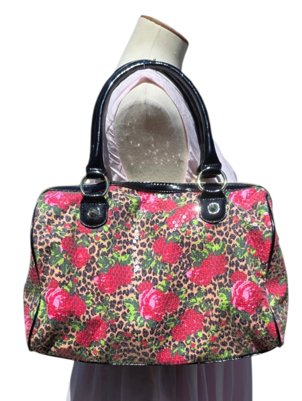 Betsey Johnson Y2K Sequin Leopard Rose Satchel Shoulder Bag Patent Purse - Picture 2 of 15